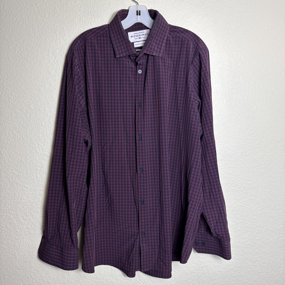 Mizzen+Main Men's XX-Large Leeward Dress Shirt Burgundy Plaid Long Sleeve Button